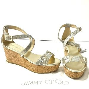 Jimmy Choo Portia Metallic Sandals Wedge Snake Print Size 38 1/2